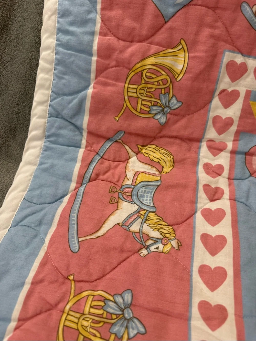 Stitched Teddy Bear Baby Quilt Blanket W/ Rocking Horses & Hearts - Vintage